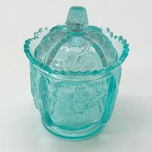 Vintage Fenton Aqua Opalescent Thistle Covered Trinket Box Candy Dish USA